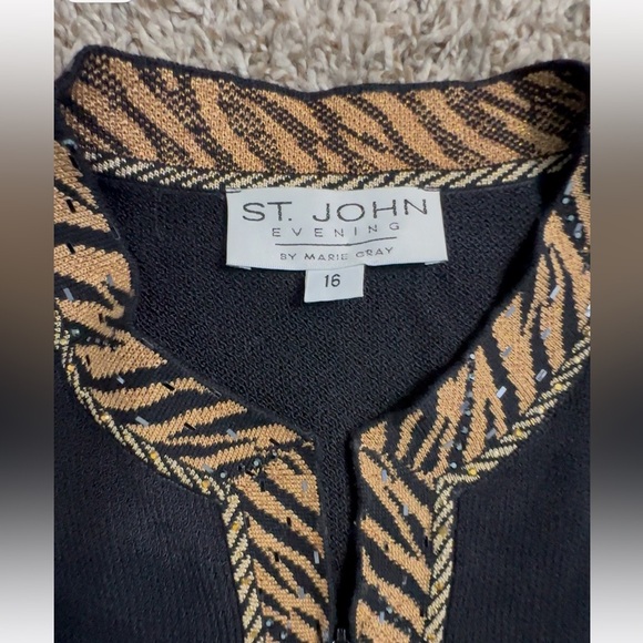 St. John Evening by Marie Gray Knit Jacket Black Gold Animal Print Trim Sz 16 - Picture 7 of 7